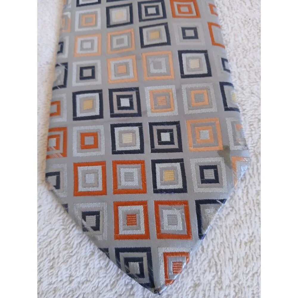 City Of London Silk Tie Gray With Geometric Squares Office Career